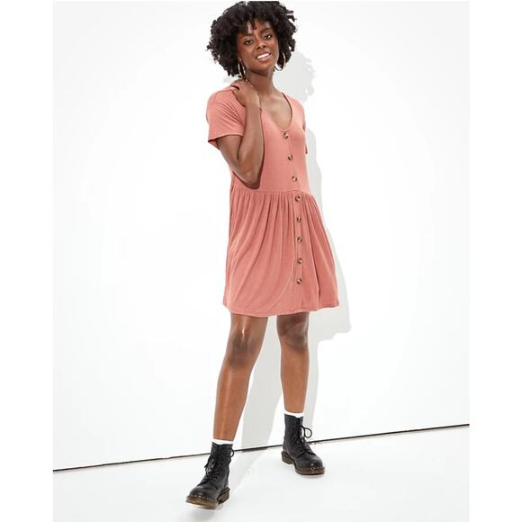 American Eagle Button Up Babydoll Mini Dress WMNS S Rust Pleated Knitted V-neck - Picture 1 of 12